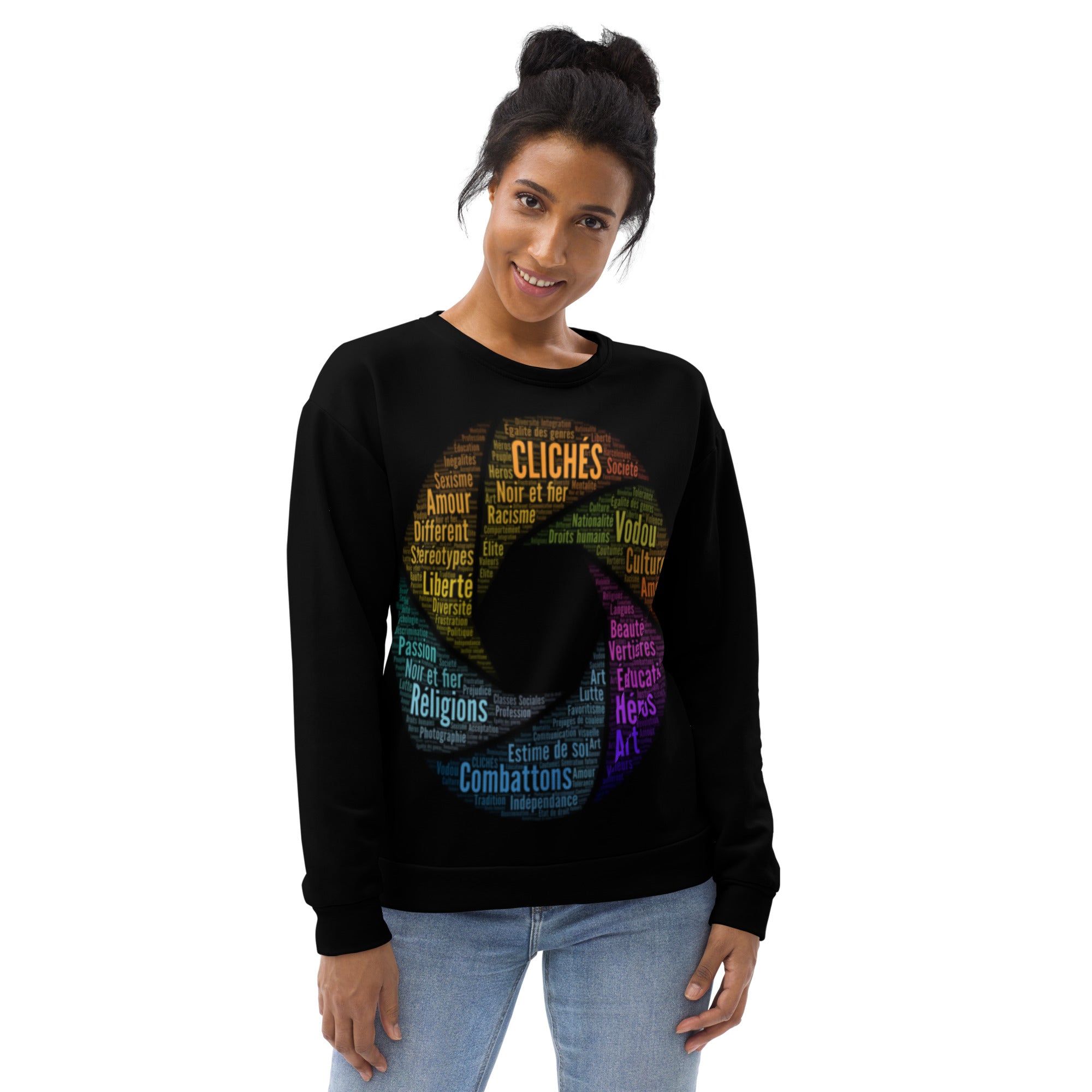 Stereotypes-photography-Gender equality-creativity-word cloud-motivation-patriotism-black and proud-sweatshirt-unisex